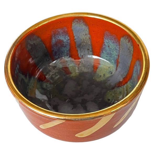 Stoneware Pottery Bowl with Genuine 18k Gold Trim in Rust & Olive Layered Glazes - Picture 7 of 13